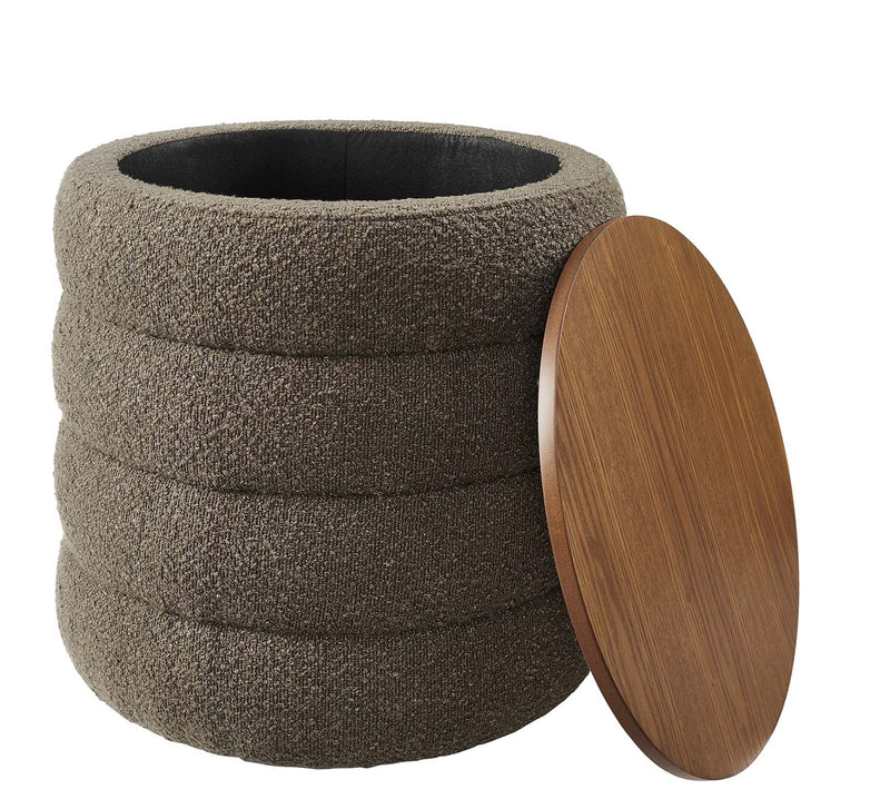 EEI-6685-PEB-Round Boucle Fabric Storage Ottoman(Pebble)