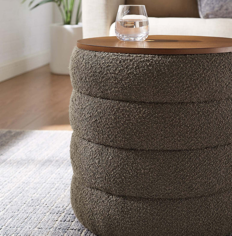 EEI-6685-PEB-Round Boucle Fabric Storage Ottoman(Pebble)