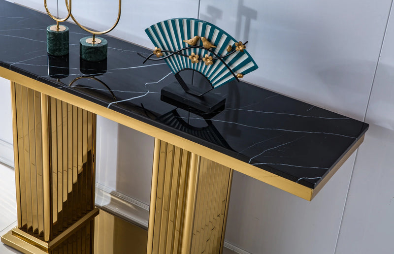 ST311GMB GOLD BASE AND BLACK MARBLE TOP CONSOLE TABLE