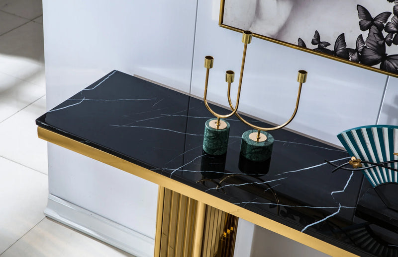 ST311GMB GOLD BASE AND BLACK MARBLE TOP CONSOLE TABLE