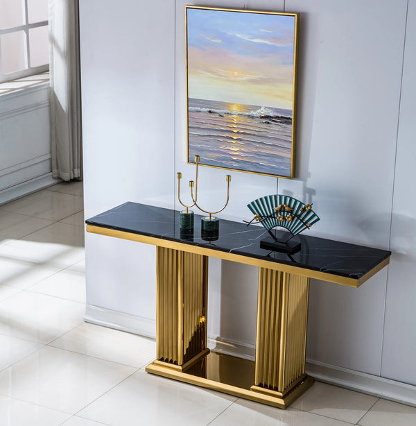 ST311GMB GOLD BASE AND BLACK MARBLE TOP CONSOLE TABLE