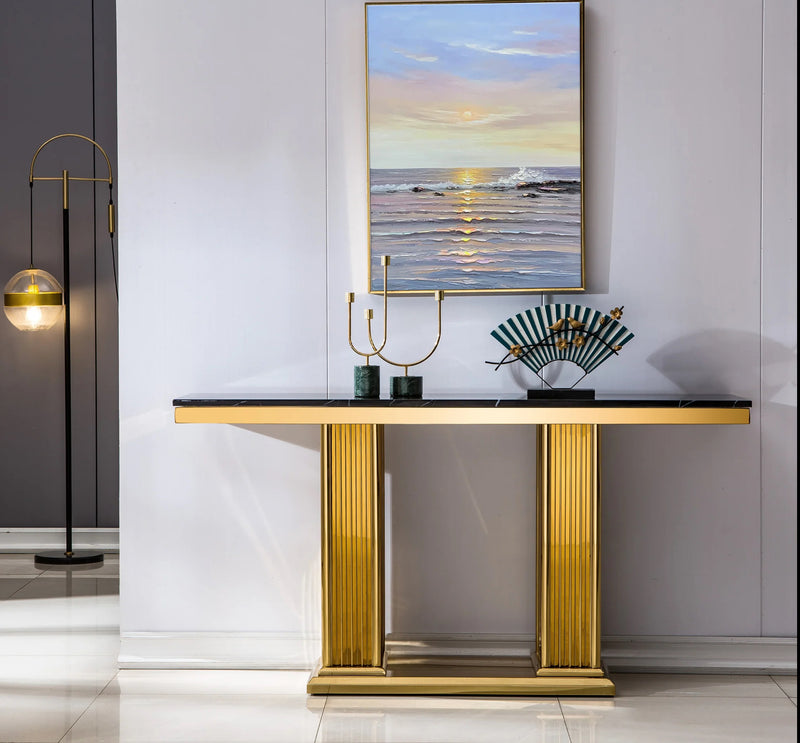 ST311GMB GOLD BASE AND BLACK MARBLE TOP CONSOLE TABLE