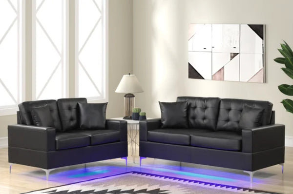 Miami Black Sofa and Loveseat Set with LED lights