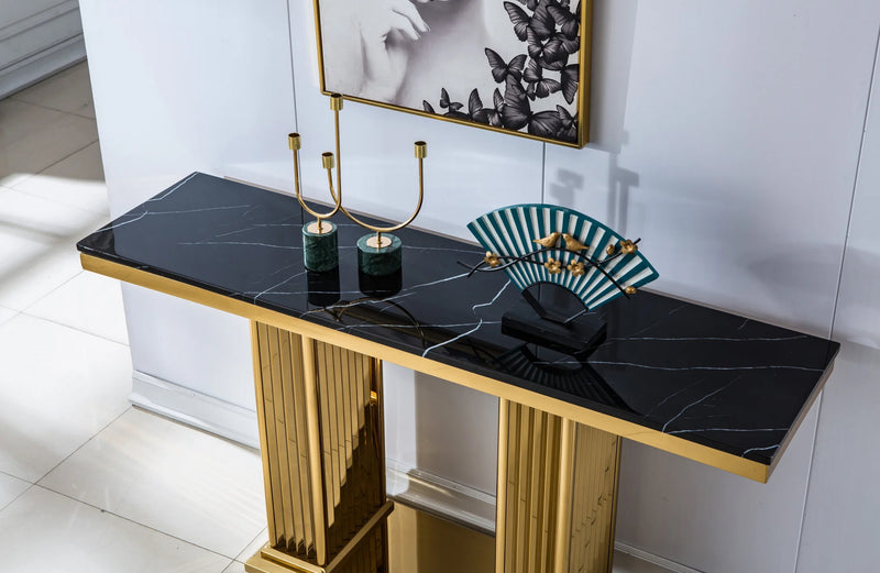 ST311GMB GOLD BASE AND BLACK MARBLE TOP CONSOLE TABLE